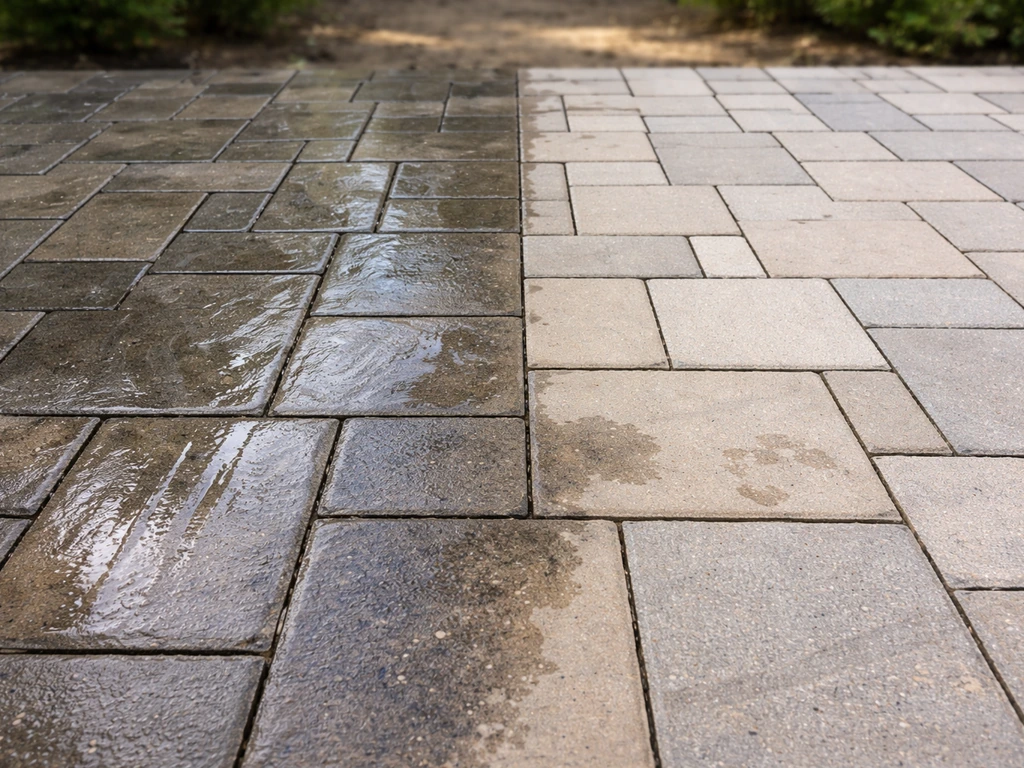 Close-up patio tiles with clear streaks and missed spots, wet cleaner area contrasted with dry surface.