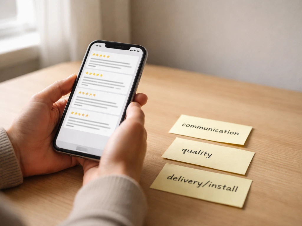 Minimal desk scene with a smartphone displaying blurred star ratings and short reviews for a patio retailer.