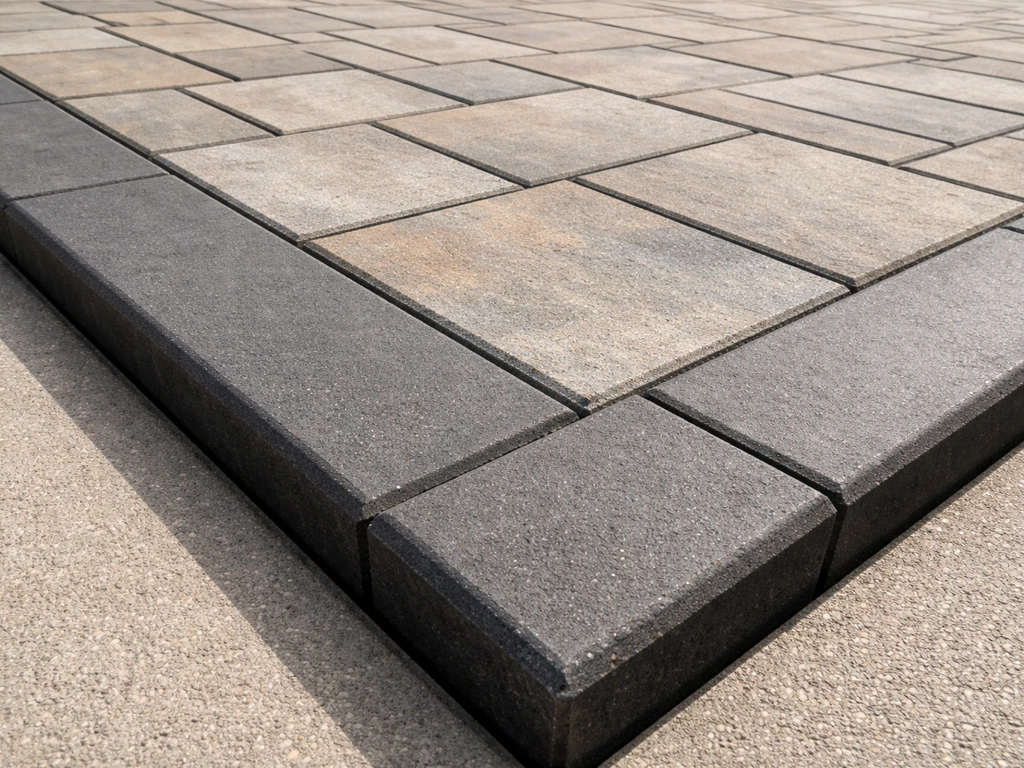 Close-up of a finished patio paver edge with tight joints and clean level transition.