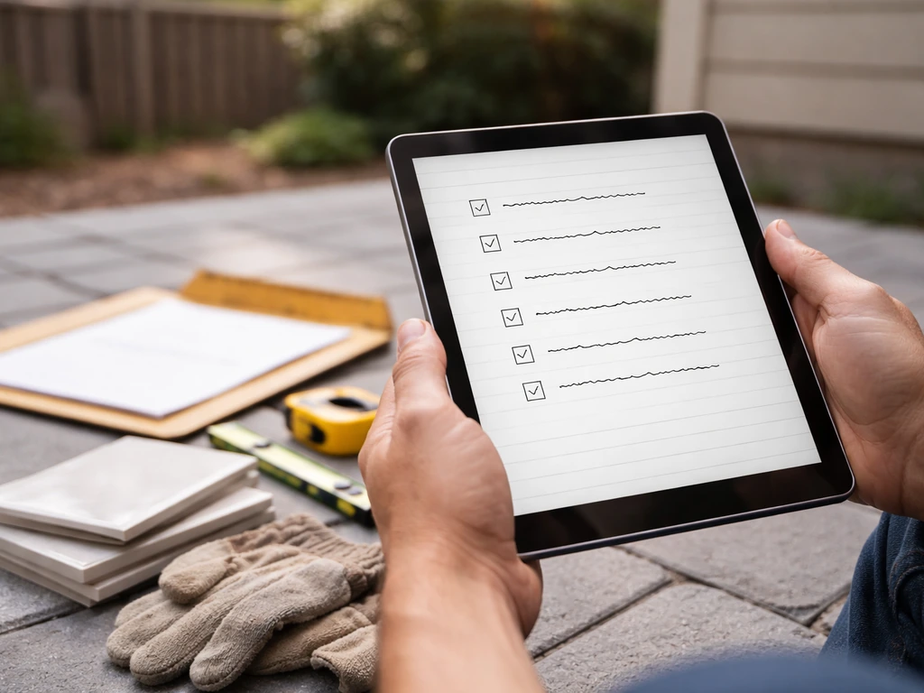 Hand holding a tablet displaying a handwritten checklist beside patio installation tools and materials