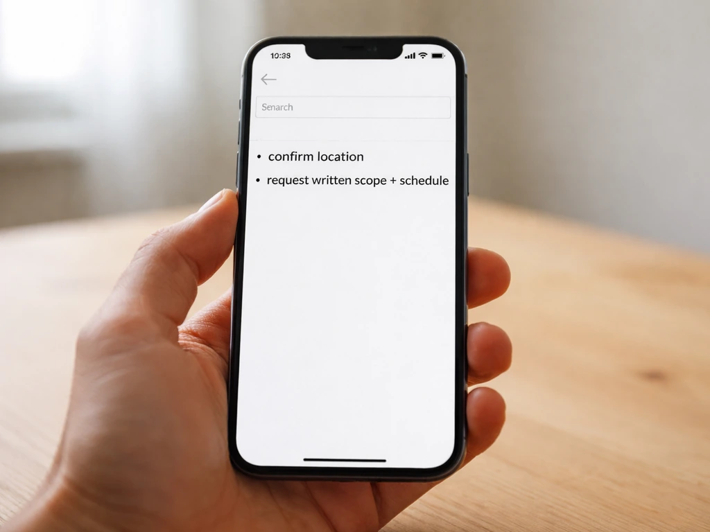 Close-up of a smartphone email draft screen with fields for confirming location and requesting written scope and schedul