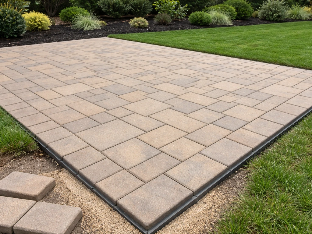 Newly installed natural stone paver patio in Western Washington with clean edges and subtle grading cues.