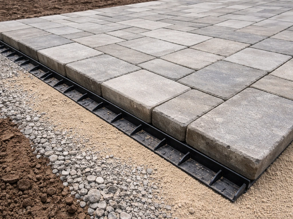 Close-up of a newly installed paver patio showing compacted base, level sand bed, aligned pavers, edging, and clean fini