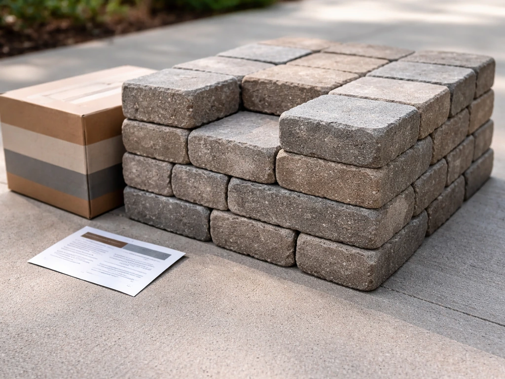 Close-up of Belgard-style pavers with a warranty insert card beside labeled material packaging