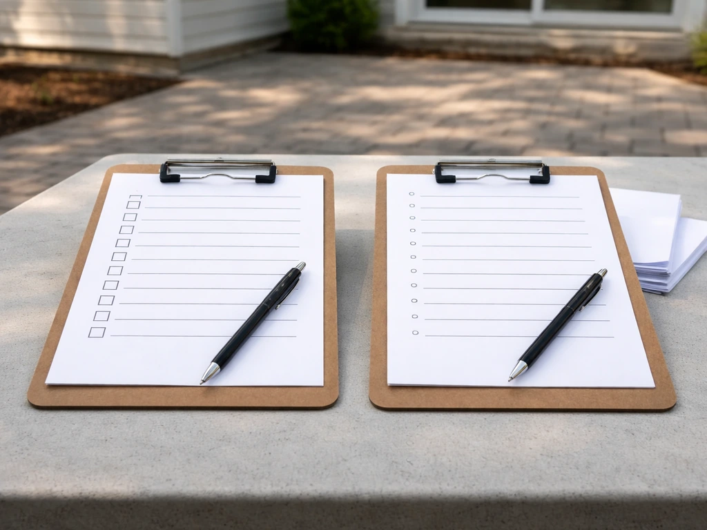 Two blank bid checklists on clipboards on a patio project table, showing paver scope and warranty areas.