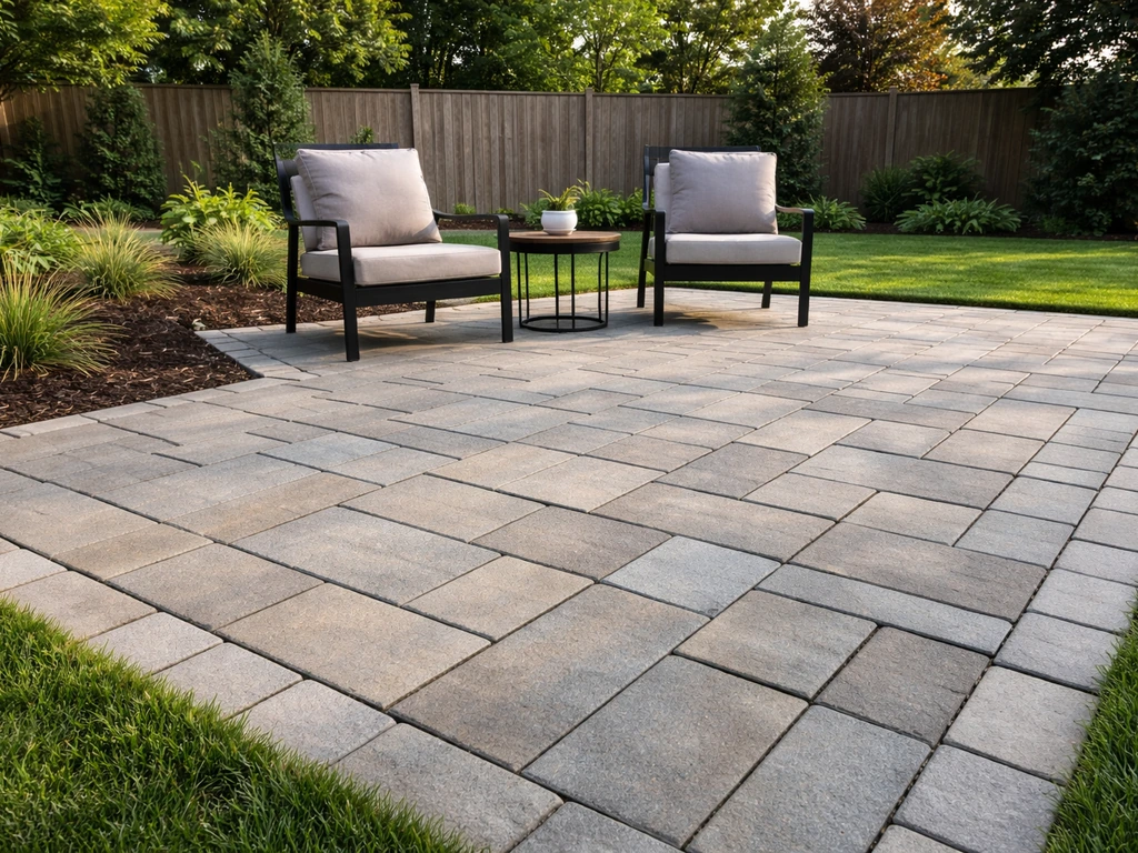 Newly finished paver patio with clean edging and outdoor seating in a quiet backyard.