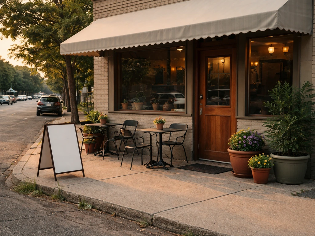 South Bend diner exterior with a small patio setup and a nearby yard-sign-style placard, no people.