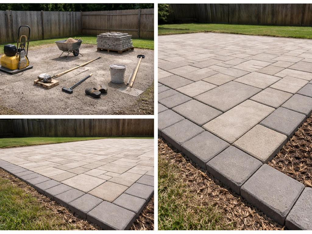 Three-part collage of a clean patio jobsite, neatly laid pavers, and a finished edge detail.
