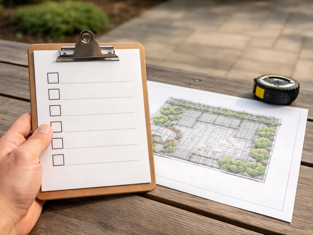 Hand holding a blank checklist beside an example patio layout and tape measure on a table.