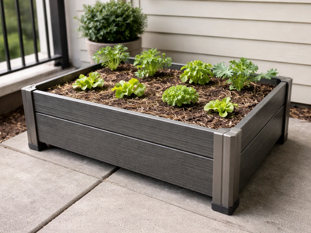 Close-up of a compact raised patio garden bed grow unit on a small outdoor patio