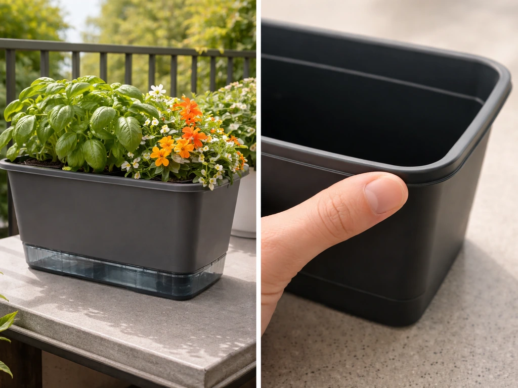 Split image of a compact self-watering planter next to a thin, lightweight plastic planter on a patio