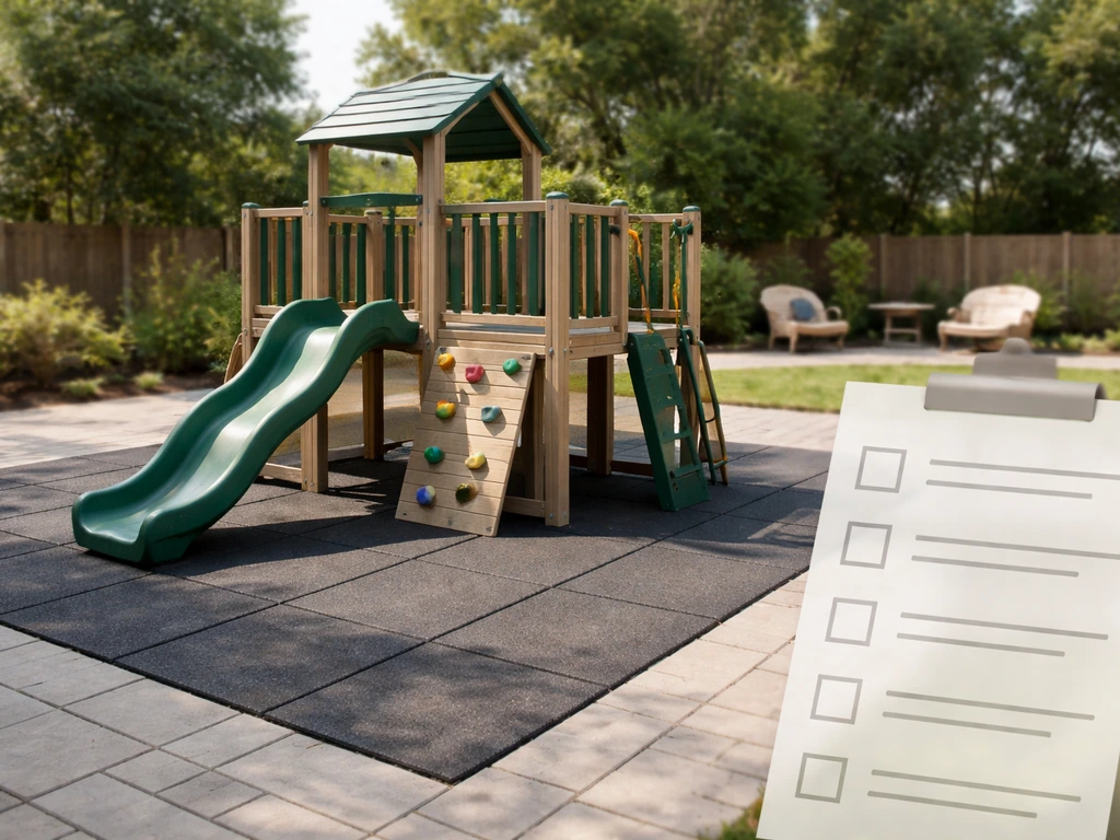 Backyard patio play area with safe guardrails and fall-surfacing visible, photographed for patio playground reviews.