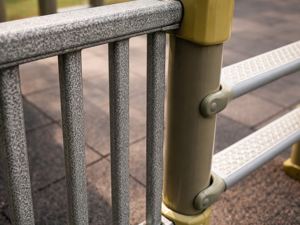Close-up of an outdoor playground guardrail and ladder rung spacing with clear barrier openings
