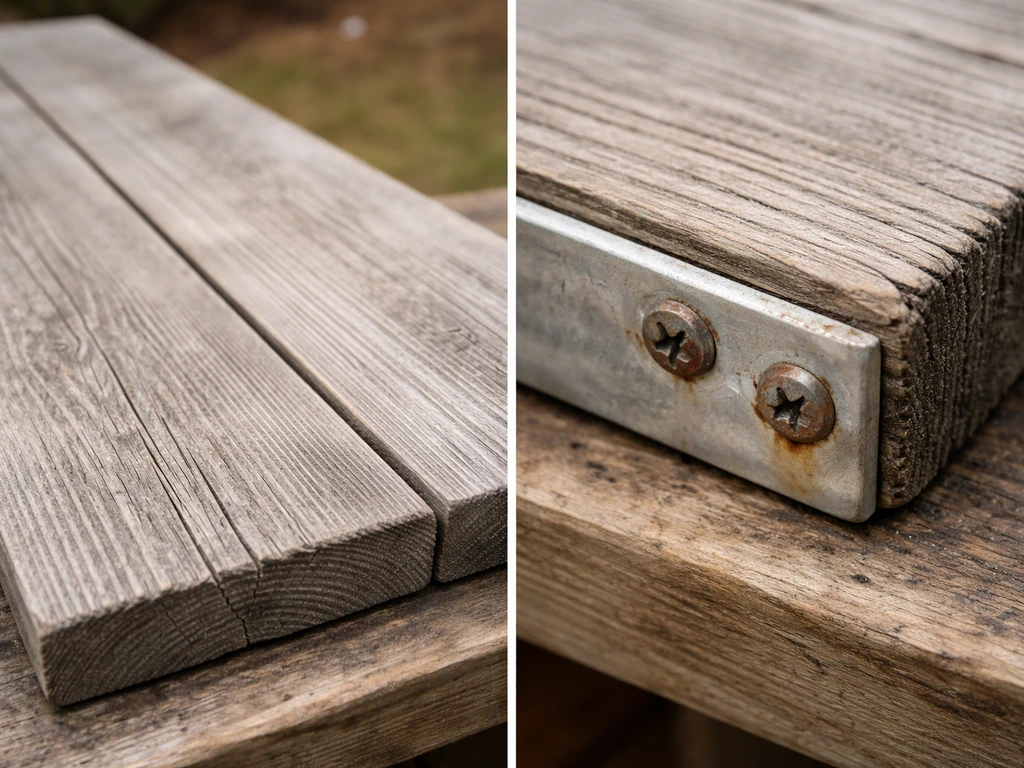 Winter-aged wood panel with slight fading beside nearby rusted metal hardware fasteners.