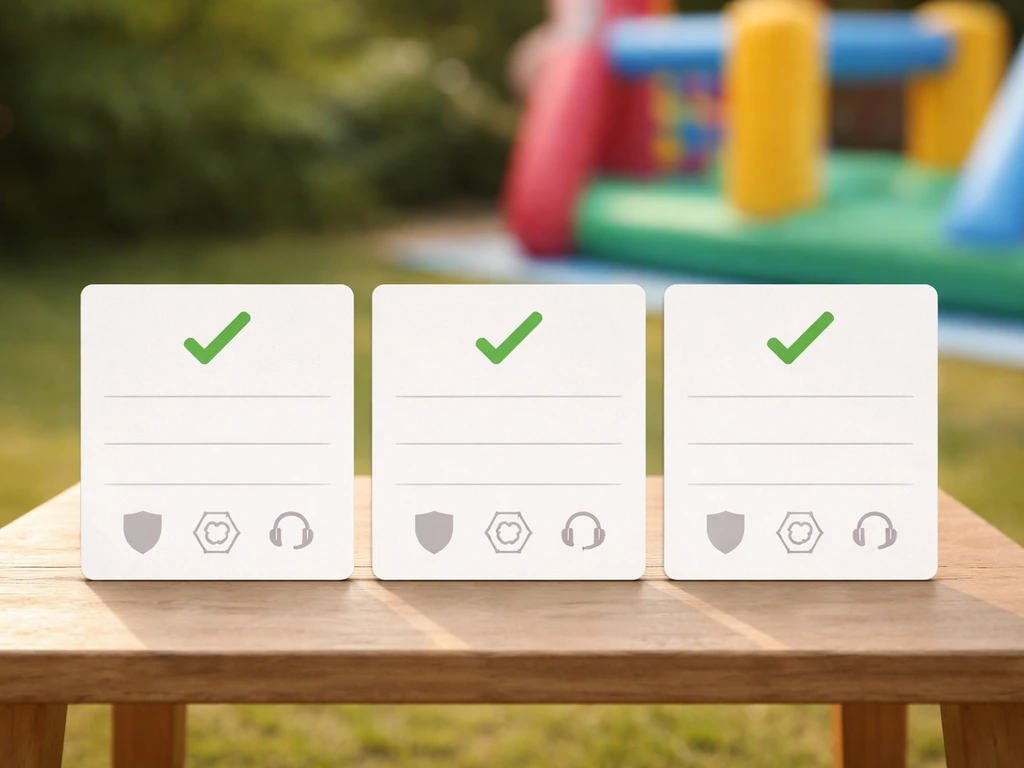 Three blank review-style cards with checkmarks laid out on a wooden table near a patio play structure.