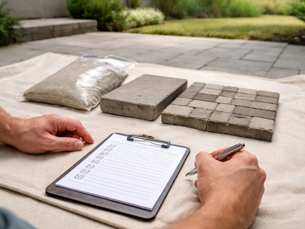 Outdoor hardscape patio worksite with patio materials and a checklist notebook for reviewing and verifying services.