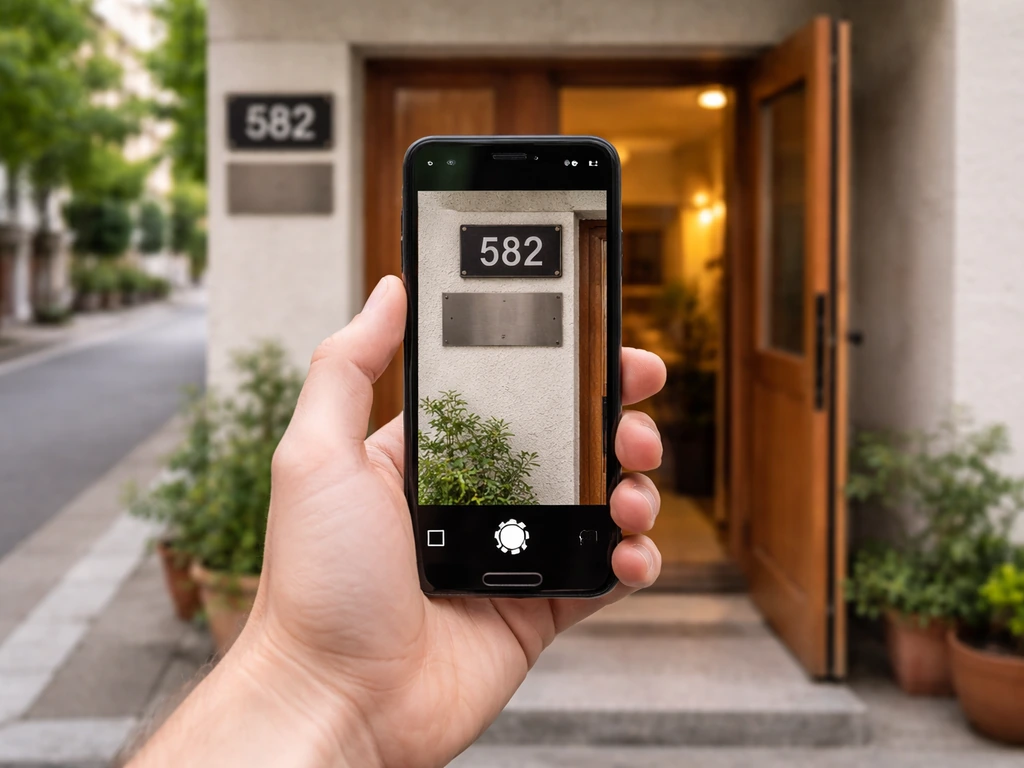 Close view of a hand photographing address details on a storefront sign to confirm the correct Patio World location.