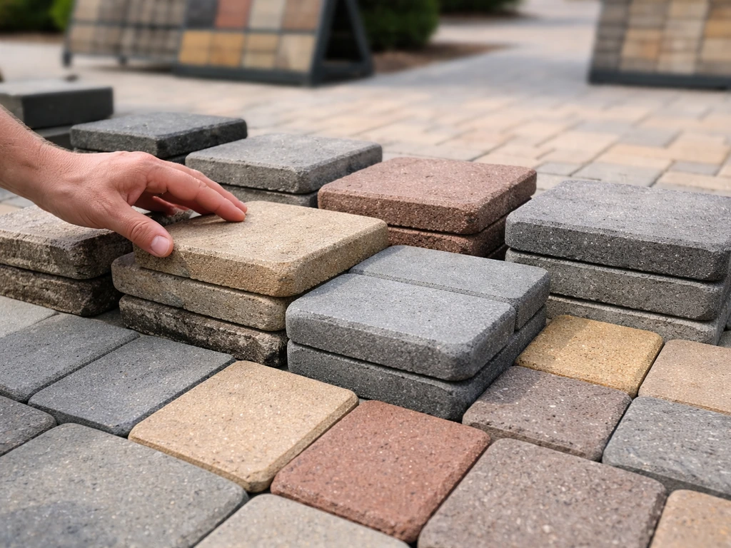 Close-up of interlocking paving stones and patio pavers laid out as a customer selection setup.