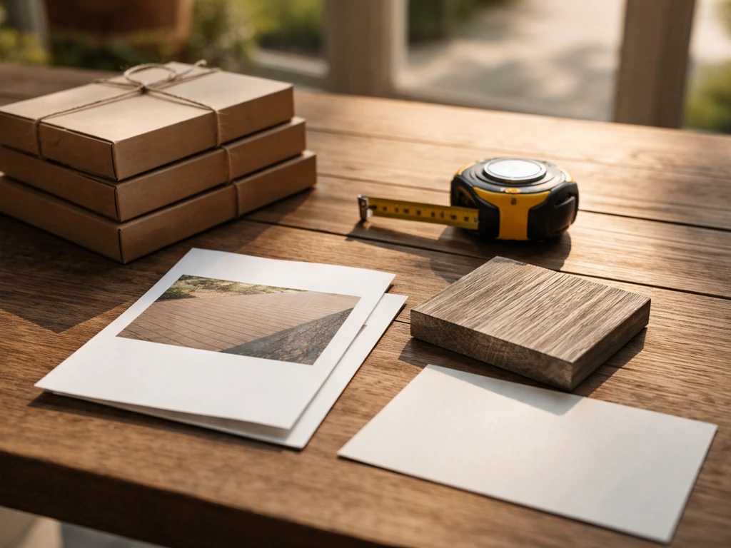 Close-up of a wooden patio sample pack with a handwritten note and tape measure on a sunlit table