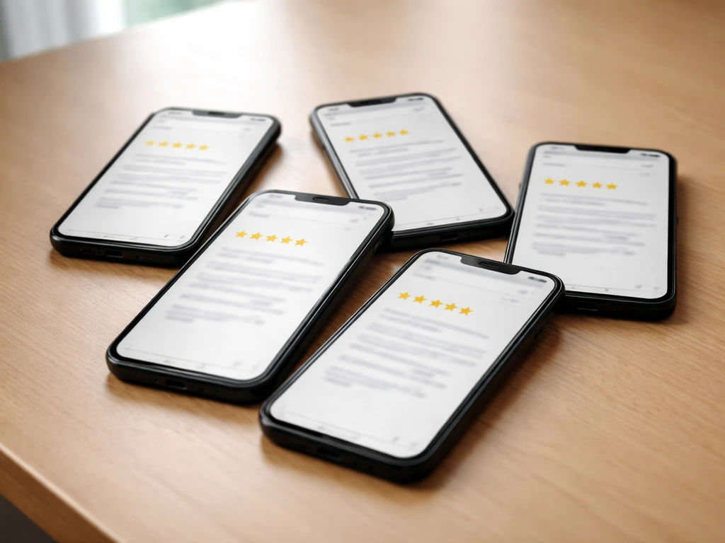 Five anonymous phones on a wooden desk showing blurred identical star ratings to suggest review duplication.