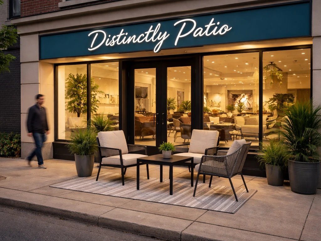 Outdoor patio furniture display in front of a Kitchener storefront with distinctly patio signage.