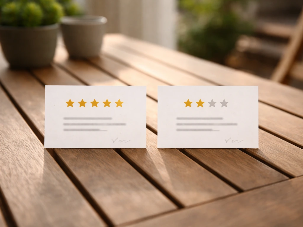 Two side-by-side note cards on a patio table showing star icons to suggest misleading review ratings without context.