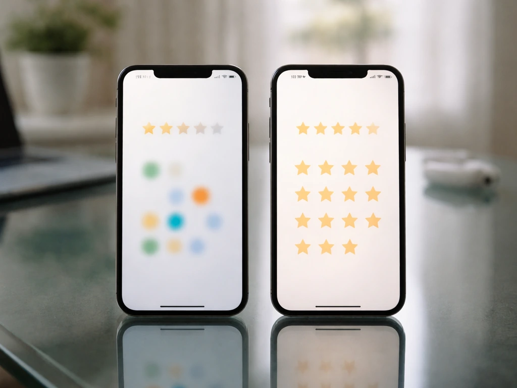 Minimal split scene showing two review-rating sources as blurred icons, no text.