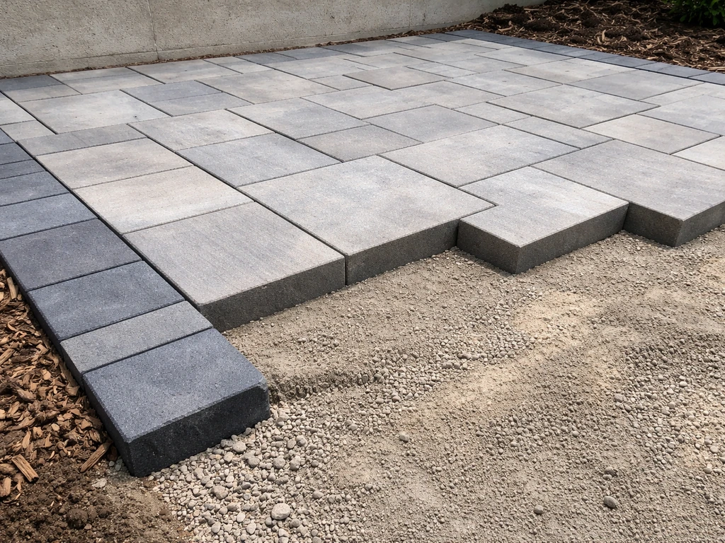 Close-up of an outdoor patio installation with level pavers, clean edges, and prepared base materials