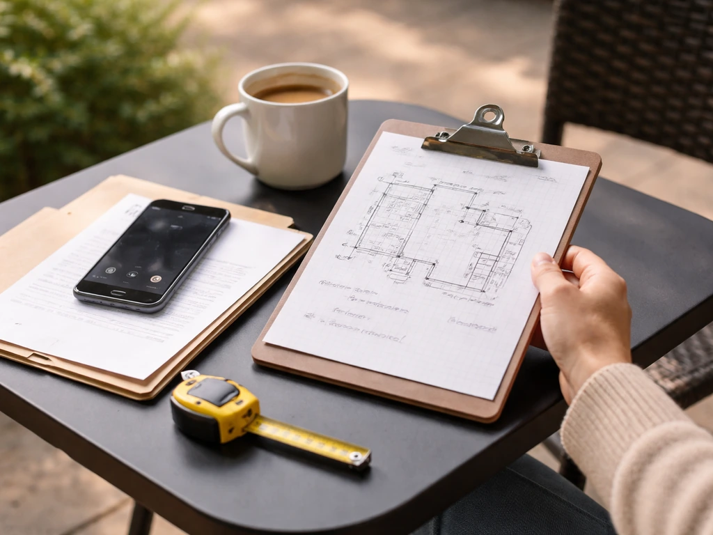 Clipboard with patio measurements beside a phone for calling and requesting quotes on a quiet patio table.