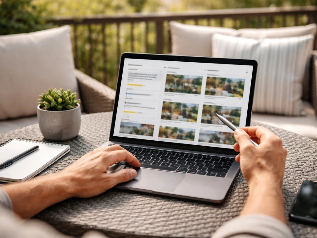 Homeowner at outdoor patio table comparing contractors on a laptop with patio project photos