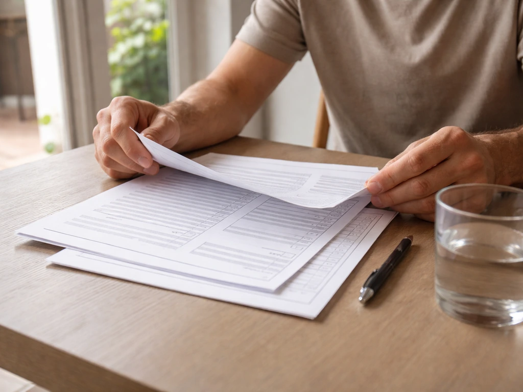 Anonymous homeowner hands reviewing licensing and insurance paperwork on a table under natural light.