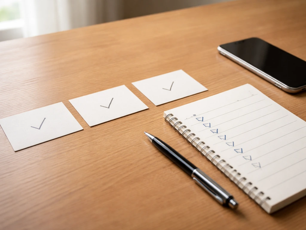 Minimal photo showing a three-card shortlist, verification checkmarks, and a contact planning checklist for hiring steps