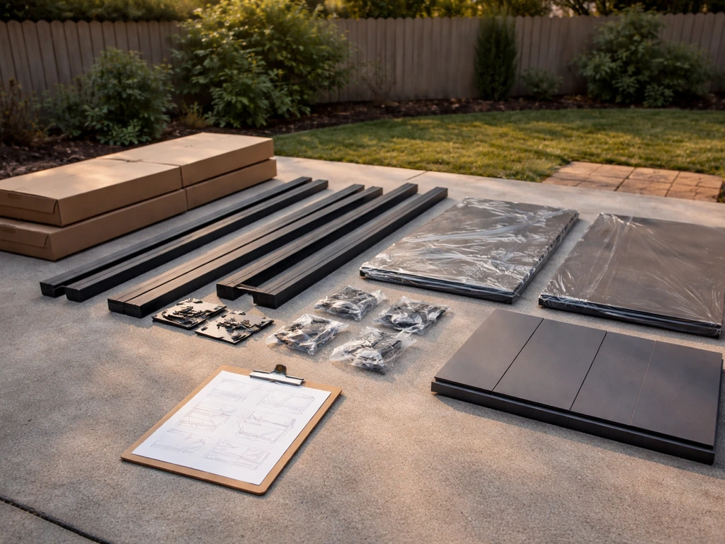 Ready-to-install patio kit boxes and generic assembly guide laid out on an outdoor patio.