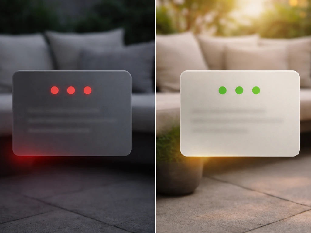 Minimal split view of a negative and positive review mood using blurred review cards and a neutral patio backdrop.