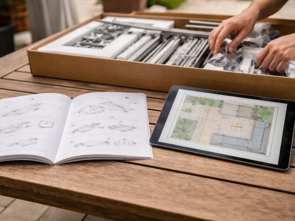 Hands review an open patio kit instruction booklet with a planning sketch on a device and well-packed parts nearby