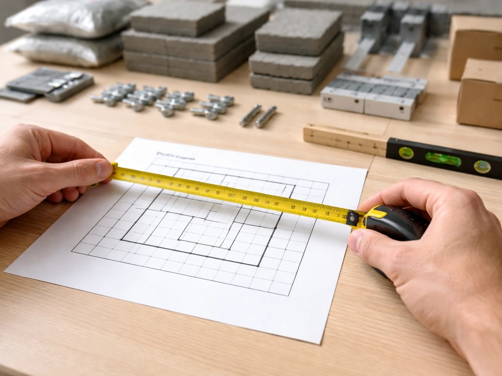 Hands measuring patio dimensions with a measuring tape beside a blank patio layout checklist and level.