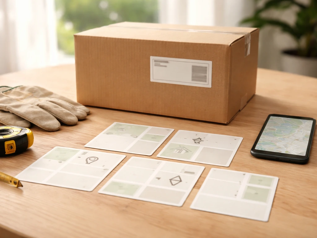 Patio kit box on a table beside map-like blank review source cards and a phone map view.