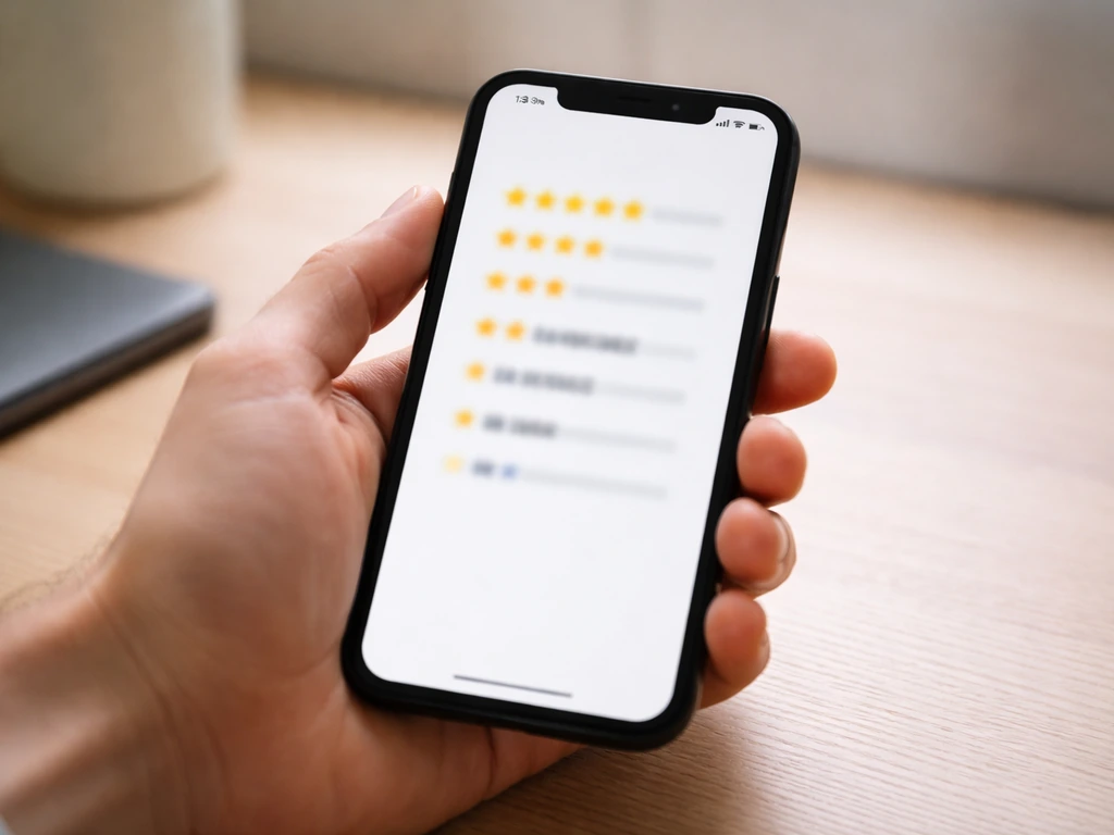 Close-up of a smartphone showing star icons with clusters of 1–2 stars and an average highlighted by light