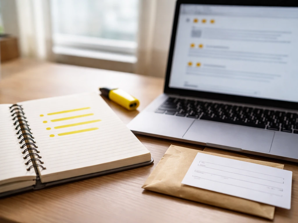 Close-up of a notebook with highlighted checklist items beside a laptop, symbolizing review credibility cues.