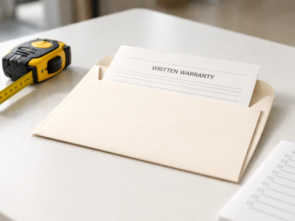 Blank warranty document and envelope beside tape measure and delivery checklist for pre-purchase protection