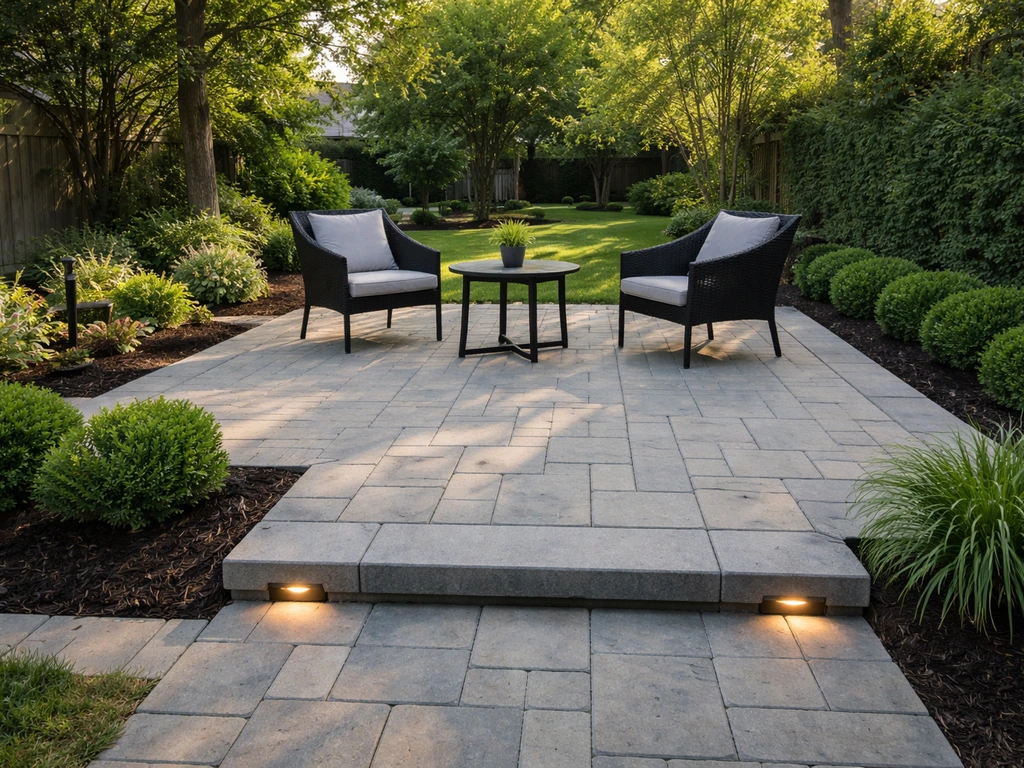 Finished paver patio in Laval with defined seating, subtle lights, and clean landscaping borders.