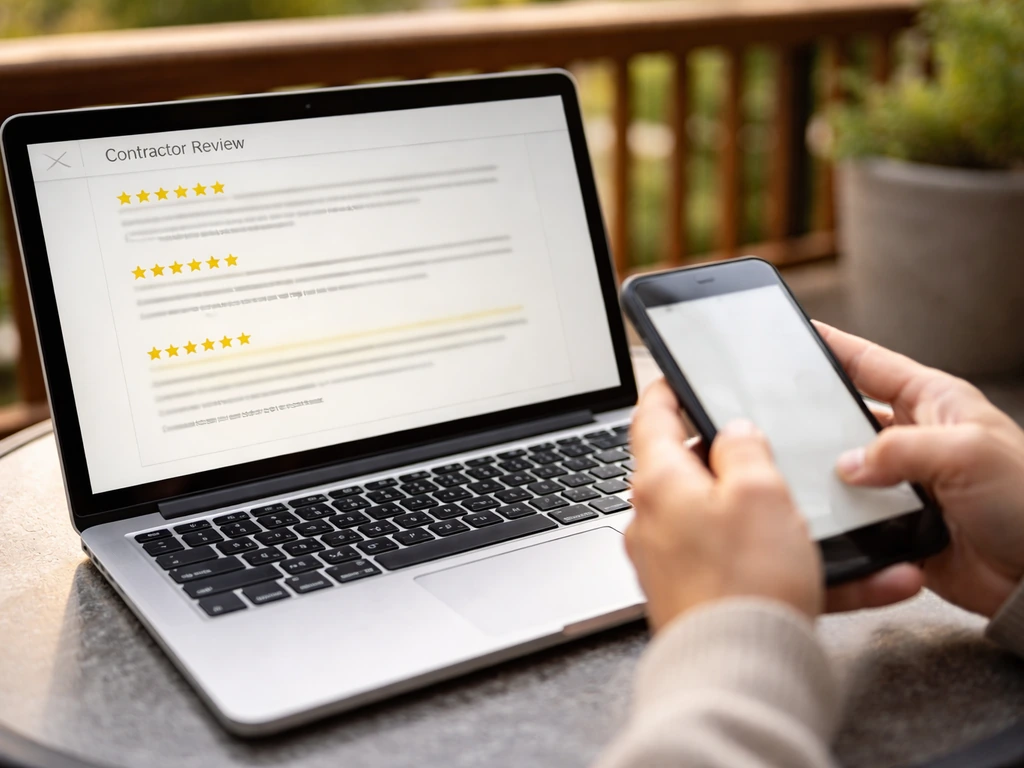 Close-up of a laptop showing a patio contractor review page with stars and dates, focus on details.