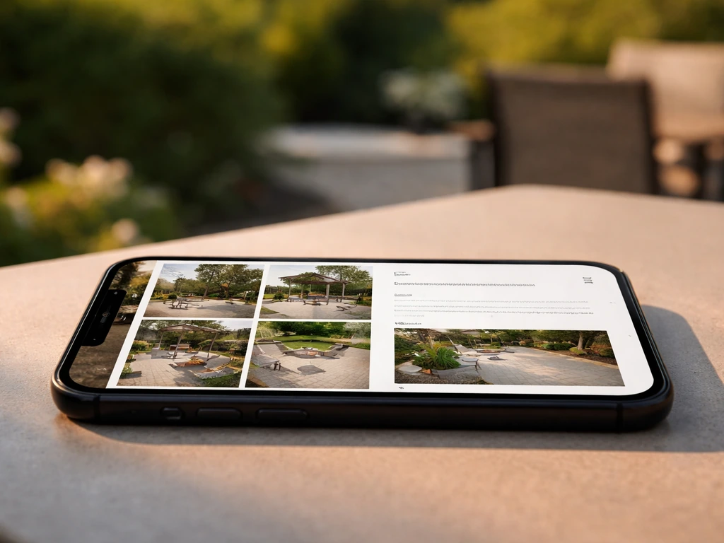 Close-up of a smartphone screen showing patio photo thumbnails beside a written review excerpt