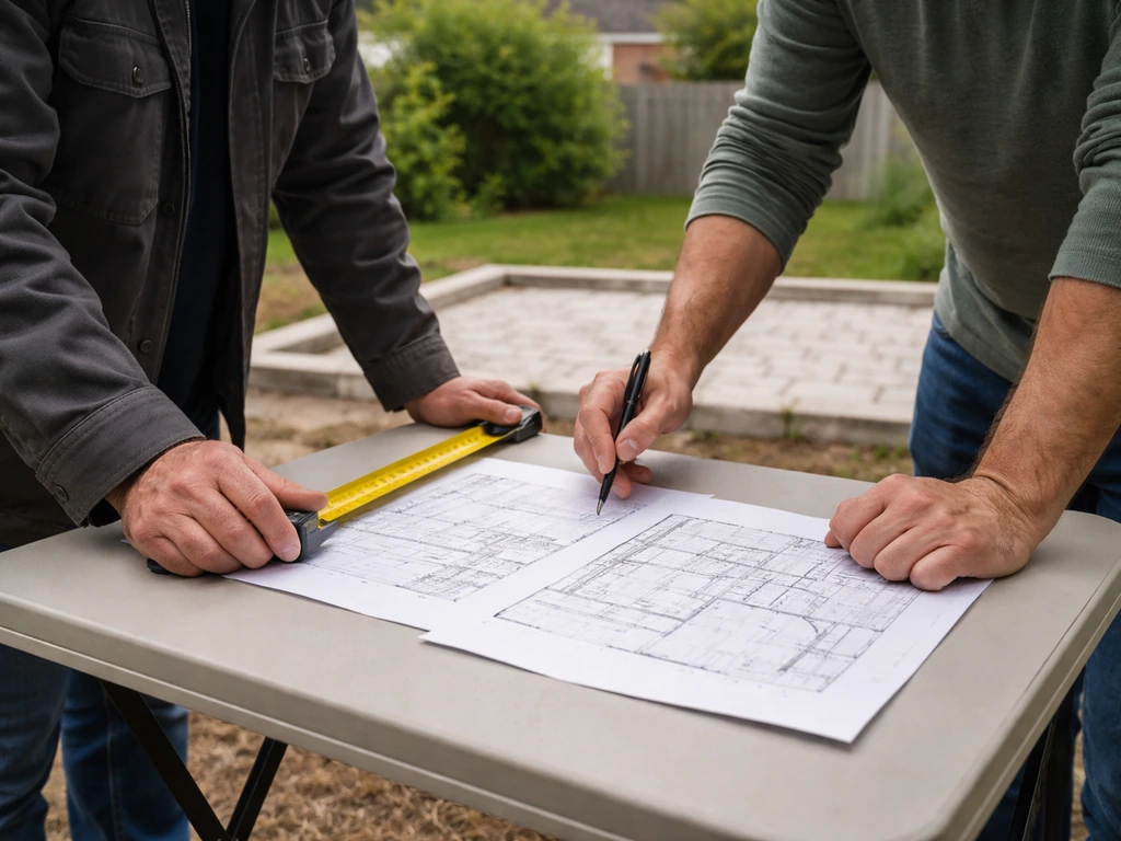 Homeowner and contractor reviewing patio layout outdoors with a tape measure and plan paper on a table.