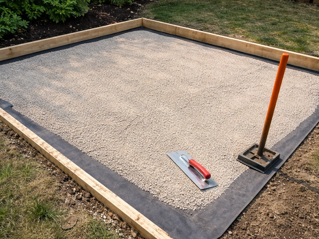 Excavated patio base showing compacted granular layer and geotextile membrane before pavers