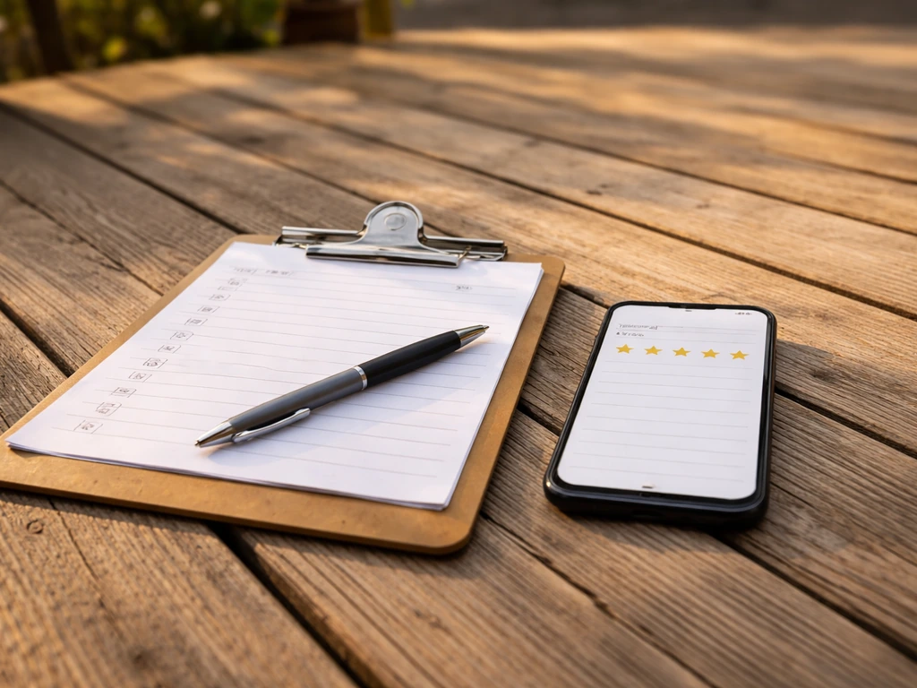 Clipboard inspection checklist on a wooden deck beside a smartphone showing generic star ratings.