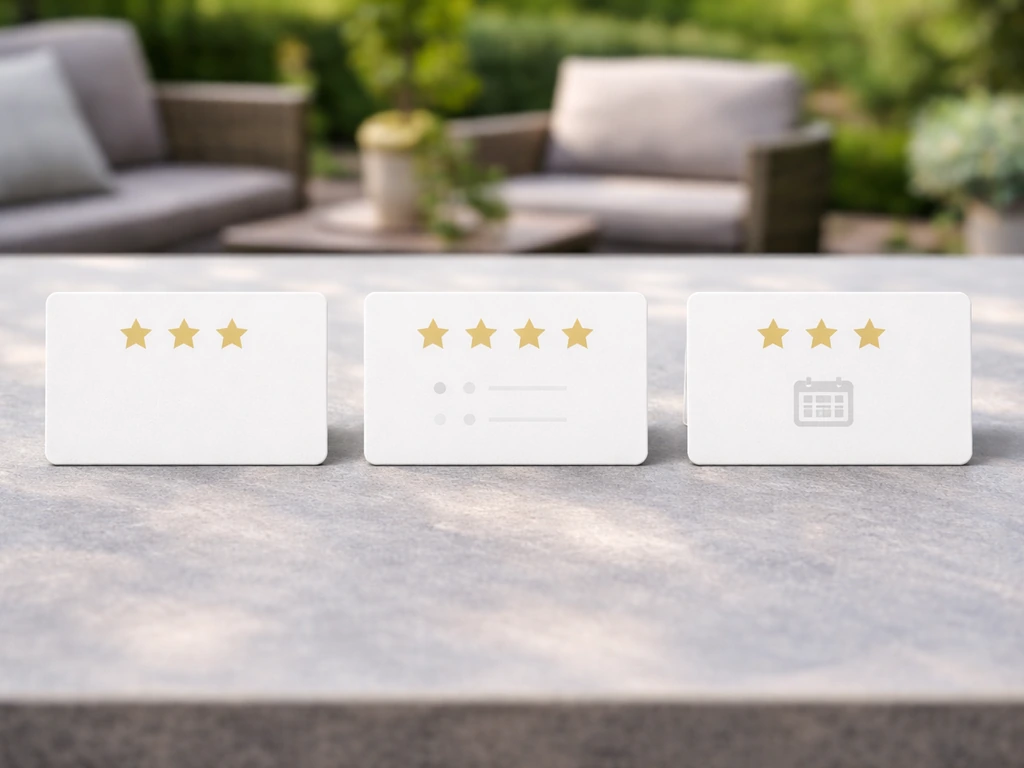 Three blank patio contractor cards on a patio table, visually implying ratings, review volume, and recency.