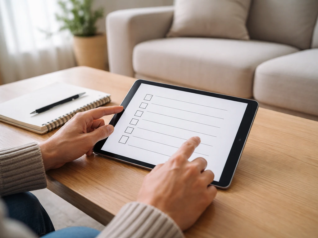 Hands on a tablet showing a generic checkbox checklist draft about licensing and payment terms.