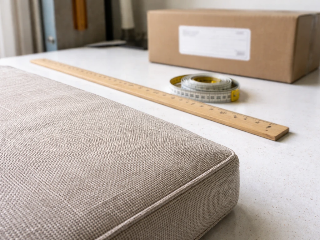 Close-up of outdoor patio cushion fabric with measuring tape and a shipping box indicating product vetting