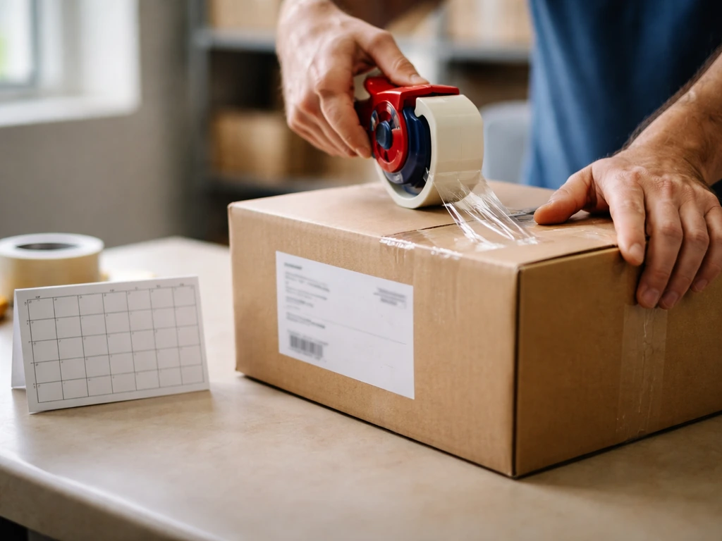 Hands sealing a shipping box on a worktable with a blank calendar-style lead-time cue nearby.